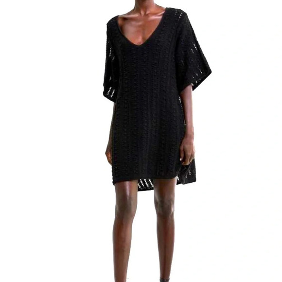 Zara | Openwork Knit Crochet Style Beachy Resort Dress in black, Size medium - Picture 1 of 4